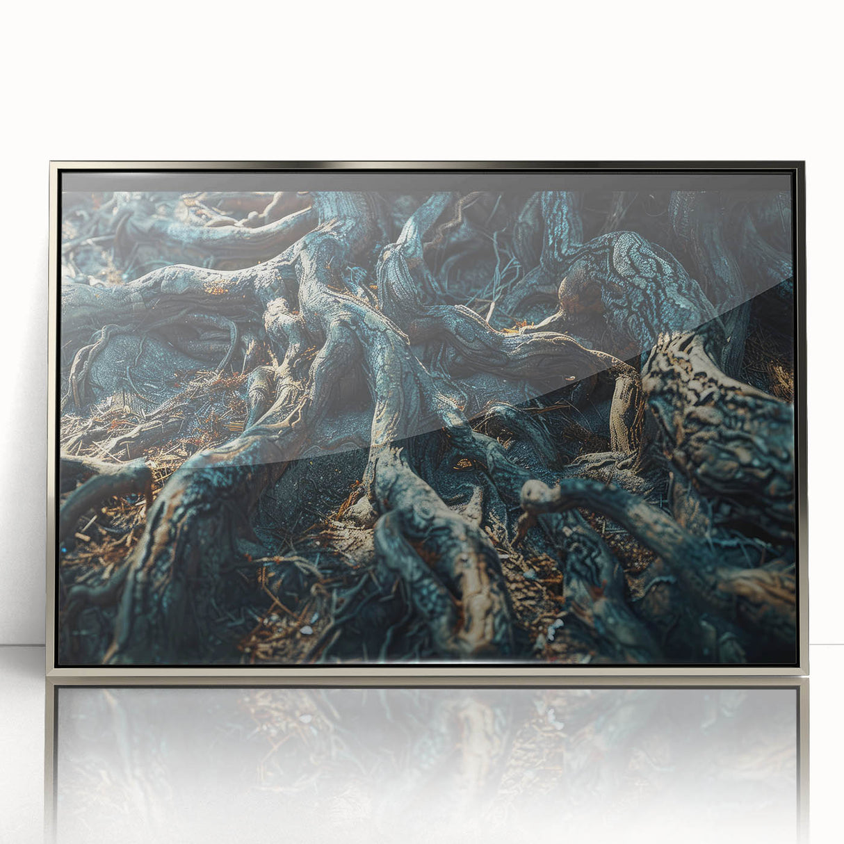 Framed wall art collection showcasing a vibrant botanical forest design with intricately detailed flowers and trees, featuring an elegant silver frame against a white backdrop.