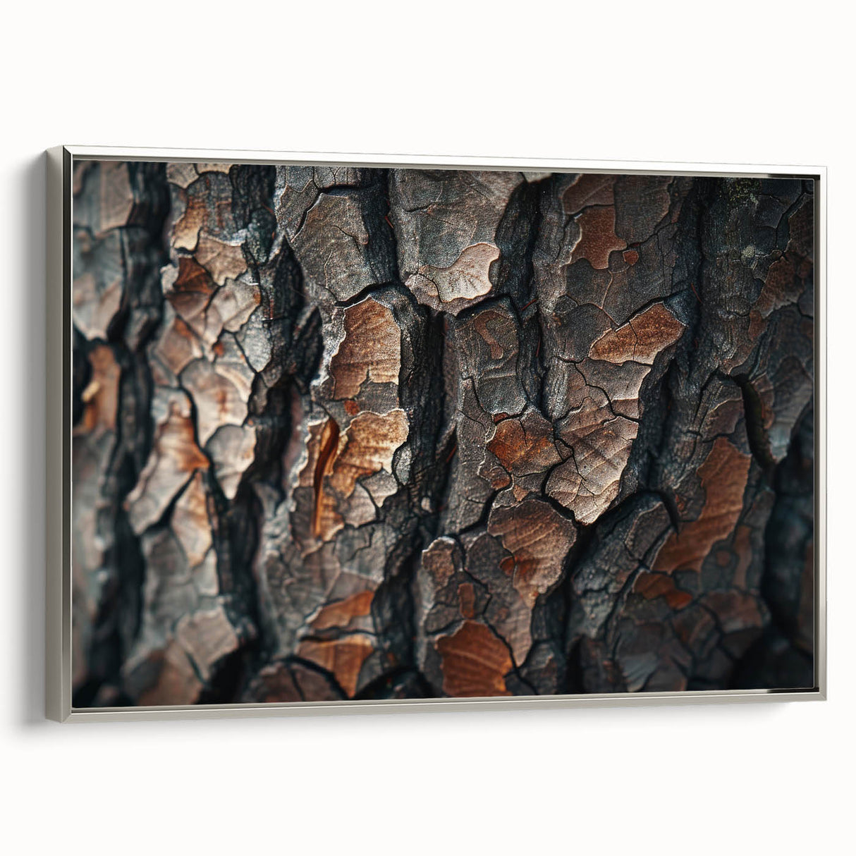 Framed wall art showcasing a botanical forest design with vibrant flowers and trees, featuring a sleek silver frame, perfect for enhancing modern decor.
