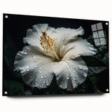 Side view of a botanical wall art piece featuring vibrant hibiscus flowers, displayed in an acrylic glass frame with pin attachments, perfect for home decor.