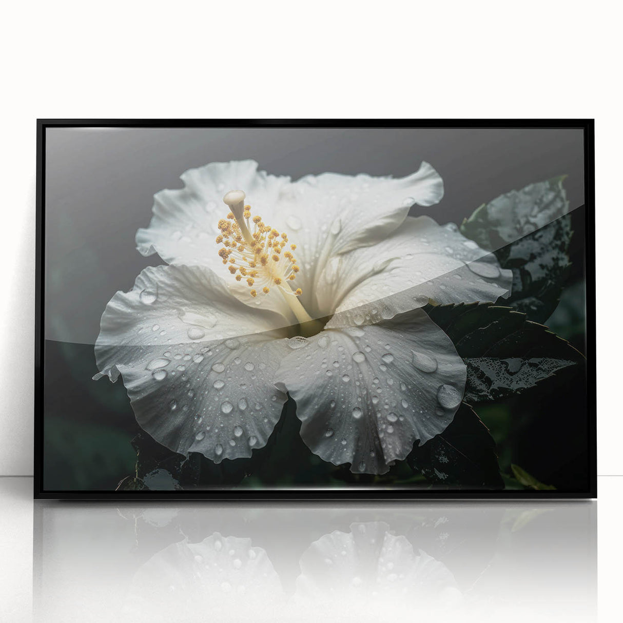 Framed wall art showcasing a vibrant hibiscus botanical design with a black frame, perfect for home decor or as a unique gift. Features intricate floral details and a modern aesthetic.