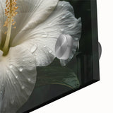 Close-up view of a vibrant hibiscus floral design on acrylic glass wall art, showcasing intricate botanical details and vivid colors, ideal for home decor.