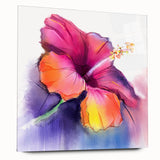 Acrylic wall art featuring a vibrant botanical hibiscus design, displayed from the side to showcase its glossy finish and elegant framing, enhancing any room decor.