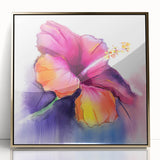 Framed acrylic wall art featuring a vibrant botanical hibiscus design in gold, showcasing intricate floral details against a soft background, ideal for home decor.