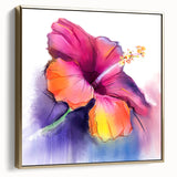 Framed canvas wall art featuring a botanical hibiscus design, showcasing vibrant pink and green hues against a silver and gold background, ideal for home decor.