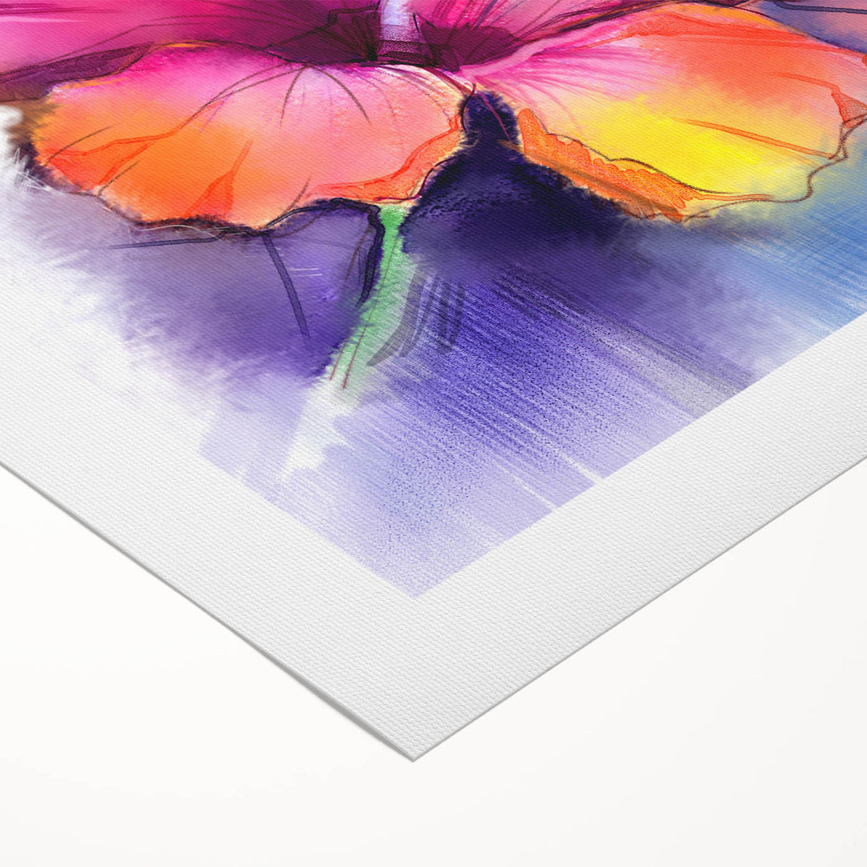 Vibrant rolled canvas artwork showcasing a detailed hibiscus floral design, perfect for home decor or botanical enthusiasts, beautifully packaged for easy display.