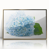 Framed acrylic wall art featuring a botanical hydrangea design with vibrant blue and green hues, elegantly set in a gold frame, perfect for home decor.