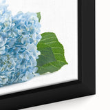 Close-up of a framed botanical wall art piece featuring vibrant blue and green hydrangea flowers on a textured canvas, perfect for home decor enhancement.