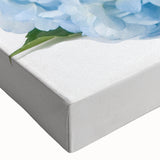 Close-up of a vibrant botanical hydrangea wall art design on stretched canvas, showcasing intricate floral details and rich colors, perfect for home decor.