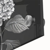 Close-up of a vibrant botanical wall art piece featuring a detailed hydrangea design, showcasing rich colors and delicate textures on acrylic glass, perfect for home decor.