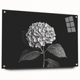 Acrylic glass wall art featuring a botanical hydrangea design, showcasing vibrant blue and green hues, elegantly framed with pins for display in modern decor.