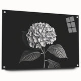 Acrylic glass wall art featuring a botanical hydrangea design, showcasing vibrant blue and green hues, elegantly framed with pins for display in modern decor.