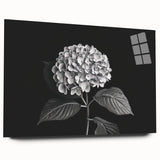Side view of a botanical hydrangea wall art piece, displayed in an acrylic glass frame, showcasing vibrant colors and intricate floral details, perfect for home decor.