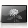 Framed wall art showcasing a vibrant botanical hydrangea design with acrylic glass, set in a sleek black frame, perfect for enhancing home decor.