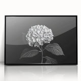 Framed wall art showcasing a vibrant botanical hydrangea design with acrylic glass, set in a sleek black frame, perfect for enhancing home decor.