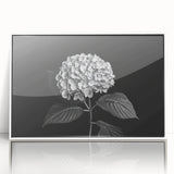 Framed wall art featuring a botanical hydrangea design in vibrant colors, showcased in a sleek white frame, perfect for adding a touch of elegance to home decor.