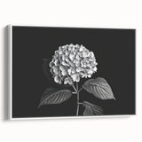 Framed canvas wall art showcasing a botanical hydrangea design with vibrant blue and purple flowers set against a white background, ideal for home décor.
