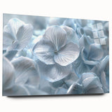 Hydrangea botanical wall art design displayed in acrylic glass, showcasing vibrant blue and green hues with a modern side view, perfect for elegant home decor.