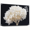 Botanical wall art featuring a vibrant hydrangea design, displayed in an acrylic glass frame with pins, showcasing intricate details and rich colors, ideal for home decor.