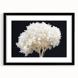 Elegant black-framed wall art showcasing a botanical hydrangea design, featuring vibrant flowers and intricate details, perfect for home decor enhancement.
