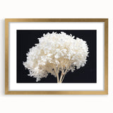 Botanical wall art featuring a stunning hydrangea design in a gold frame with matting, perfect for adding elegance to home decor. Ideal for floral-themed interiors.