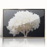 Framed botanical wall art featuring a vibrant hydrangea design with gold accents, showcasing intricate floral details against a sleek acrylic backdrop. Perfect for enhancing home decor.