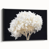 Framed canvas wall art featuring a botanical design of hydrangeas in soft pastel colors, presented in a sleek black frame, ideal for home decor.