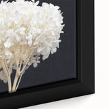 Close-up of a framed canvas wall art featuring a vibrant hydrangea floral design in soft blue and pink hues, perfect for home decor and botanical enthusiasts.