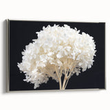 Framed wall art featuring a botanical design of hydrangeas in soft blue and white tones, showcasing a silver frame and elegant side view, perfect for home decor.