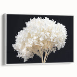 Framed canvas wall art featuring a botanical hydrangea design in soft pastel colors, showcasing intricate floral details and a white frame, perfect for home decor.