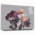 Elegant botanical wall art design featuring irises on acrylic glass, displayed in a stylish side view with decorative pins, ideal for modern home decor.