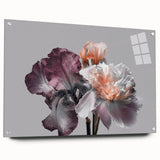 Elegant botanical wall art design featuring irises on acrylic glass, displayed in a stylish side view with decorative pins, ideal for modern home decor.