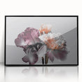 Framed wall art featuring a botanical iris design in vibrant colors, set in a sleek black frame, ideal for home decor and floral aesthetics.
