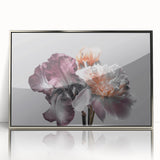 Framed botanical wall art showcasing a vibrant iris design in silver-accented acrylic, perfect for home decor. Elegant floral illustration adds a touch of nature.