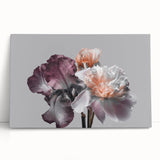 Stretched canvas wall art depicting a vibrant botanical iris design in soothing blue and green hues, elegantly leaning against a neutral backdrop, perfect for home decor.
