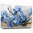 Side view of a botanical wall art design featuring vibrant irises, displayed in a sleek acrylic glass frame with decorative pins, ideal for enhancing home decor.