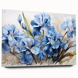 Side view of a botanical wall art design featuring vibrant irises, displayed in a sleek acrylic glass frame with decorative pins, ideal for enhancing home decor.