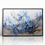 Framed wall art featuring a botanical design of vibrant irises in shades of blue and purple, set against a sleek black frame for modern decor enhancement.