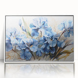 Framed botanical wall art featuring a vibrant iris design on a white background, showcasing intricate floral details and elegant framing for home decor.