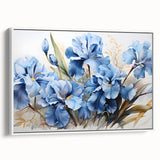 Framed wall art showcasing a delicate botanical iris design on canvas, featuring a white frame and side view, perfect for enhancing interior decor with a touch of elegance.