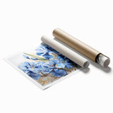 Botanical wall art featuring vibrant blue irises on a soft white background, highlighting intricate floral details. Perfect for home decor or art collectors.