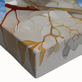 Close-up of a vibrant botanical iris design on stretched canvas wall art, showcasing delicate floral details and rich colors, perfect for home decor.