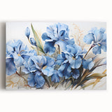 Stretched canvas wall art featuring a vibrant botanical design of irises in various hues of blue and purple, perfect for adding a floral touch to any decor.