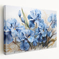 Stretched canvas showcasing a botanical iris design in vibrant colors, perfect for home decor. The side view highlights its sleek profile and elegant presentation.