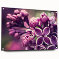 Acrylic glass wall art featuring a botanical lavender design, showcasing vibrant purple flowers with green foliage, mounted with decorative pins for an elegant display.