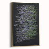 Framed botanical wall art featuring a vibrant lavender design with intricate floral details, showcased in a stylish gold frame, perfect for home decor enhancement.
