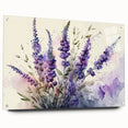Botanical wall art featuring a vibrant lavender design, displayed in acrylic glass with a side view showcasing the attached pins for easy hanging. Perfect for home decor.