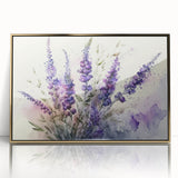 Framed wall art showcasing a botanical lavender design with gold accents, set against a clean white background, perfect for enhancing home decor with elegance.