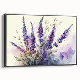 Framed canvas wall art showcasing a botanical lavender design in a sleek black frame, highlighting delicate floral details and vibrant colors, perfect for home decor.