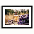 Botanical wall art featuring a lavender floral design, framed with a black mat, ideal for home decor and accentuating modern interiors, showcasing elegant purple hues.