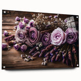 A side view of a botanical lavender wall art collection displayed in an acrylic glass frame, showcasing vibrant purple flowers and delicate details, perfect for home decor.